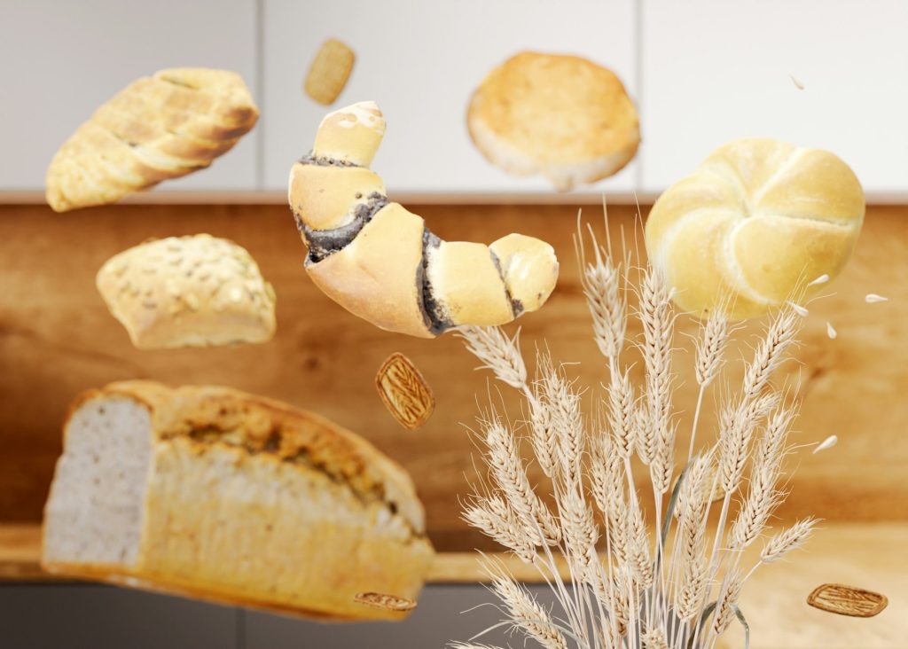 Wheat ears, bread, pastries. Celiac disease and gluten intolerance concept. Healthcare